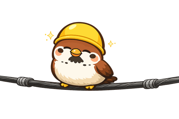 でんチュン(電柱に住むスズメ)が電線にとまっているイラスト