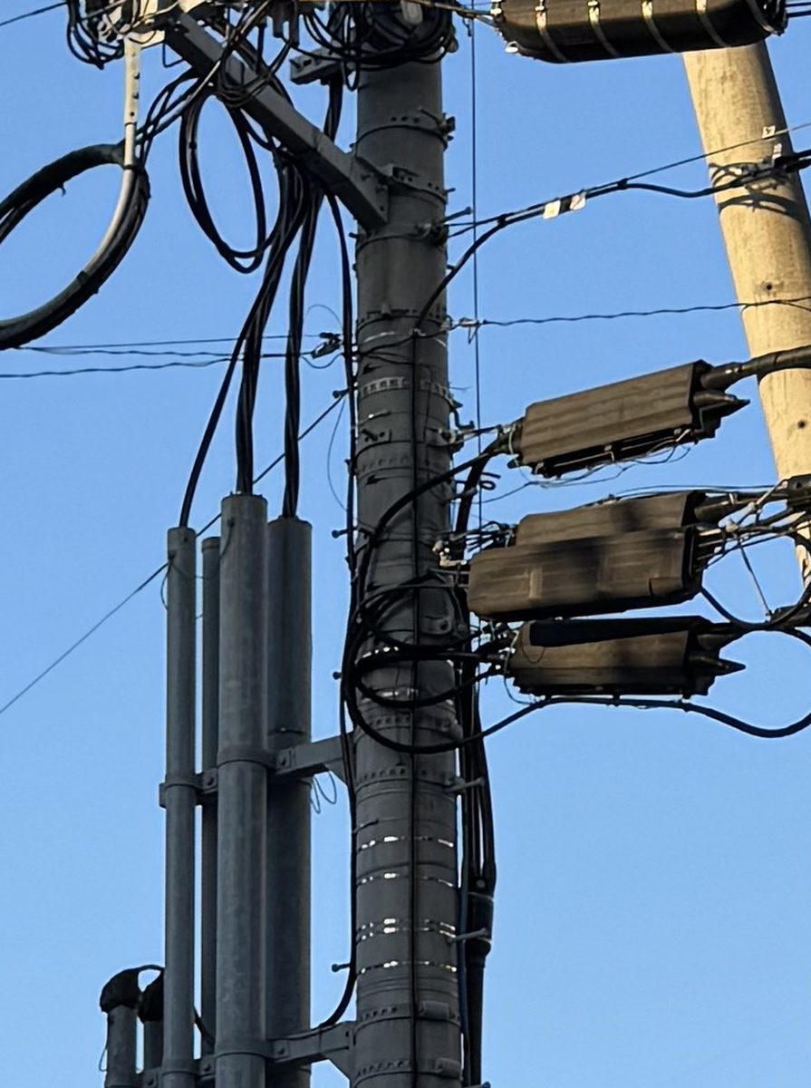 青空を背にした電柱を見上げた写真。柱の左側に、灰色の太い管が3本、柱の表面に密着して縦に並び、上端がふさがれている。管の上端からは黒いケーブルが出て、柱に沿って上へ伸びている。柱には金属の帯が何本も巻かれ、右側には電線を引き留める金具と、斜めに寄りかかるもう1本の柱が見える
