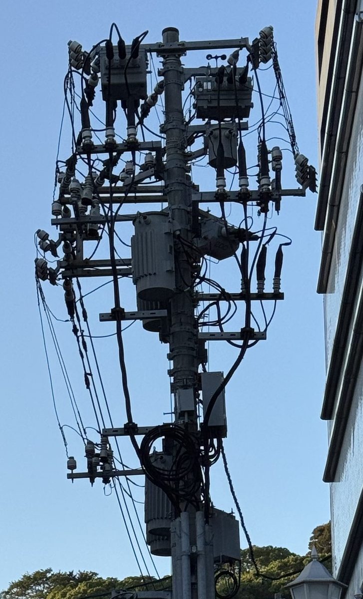 1本の電柱を見上げた写真。何段もの腕金にがいしが並び、柱上変圧器や箱型の機器がいくつも取り付けられている。上から下まで太さのちがう電線とケーブルが何本も走っている