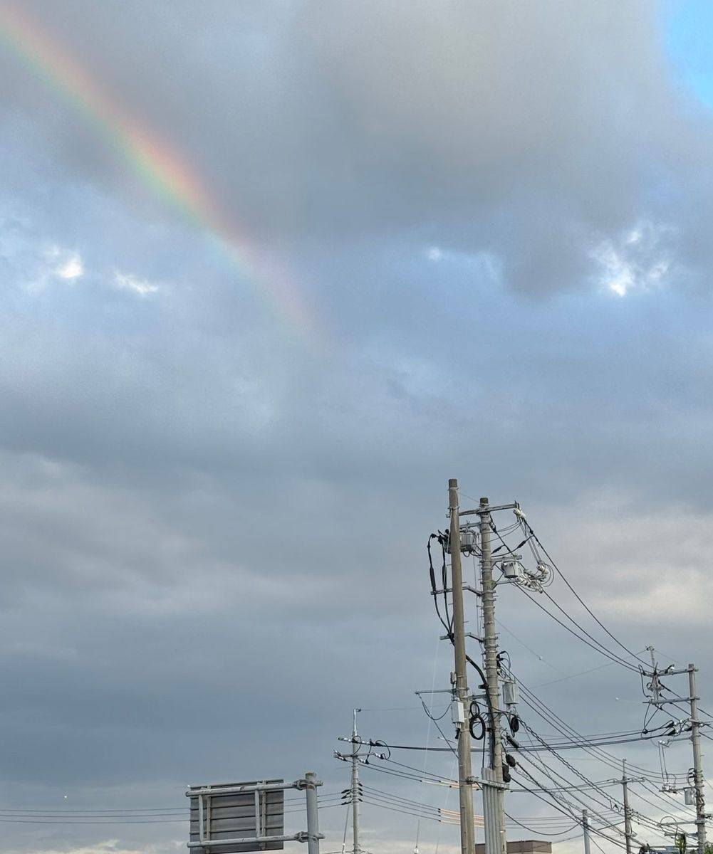雨上がりの曇り空に、左上から虹がかかっている写真。右下には電柱が何本も立ち、たくさんの電線が空を横切っている。2本並んだ柱の上のほうには、機器の箱やがいしが付いている