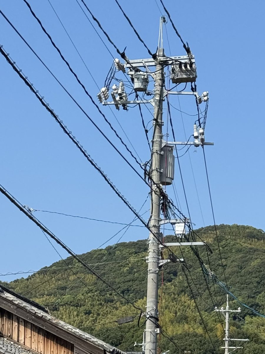電柱の上部のアップ写真。上の腕金のあたりに箱型の柱上開閉器が取り付けられ、そばに小さな円筒形の機器やがいしが並び、少し下には柱上変圧器も付いている
